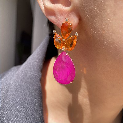 Brinco Folhagem Bicolor Laranja e Pink Fusion Banhado a Ouro