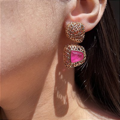 Brinco Organic Aramado Pink Fusion Banhado a Ouro