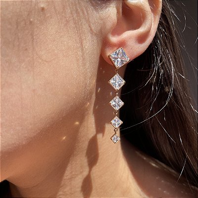 Brinco Square Pêndulo Cristal Banhado a Ouro