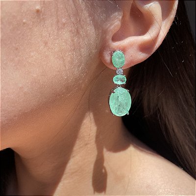 Brinco Luxo Oval Greenery Fusion Banhado a Ródio Branco