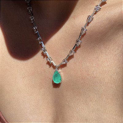 Colar Riviera Fio Faca Gota Turmalina Fusion Banhado a Ródio Branco