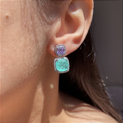 Brinco Square Ametista e Turmalina Fusion Banhado a Ródio Branco