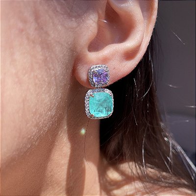 Brinco Square Ametista e Turmalina Fusion Banhado a Ródio Branco