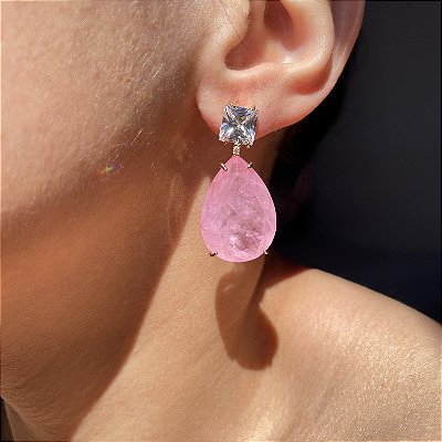 Brinco Cristal e Light Pink Fusion Banhado a Ouro