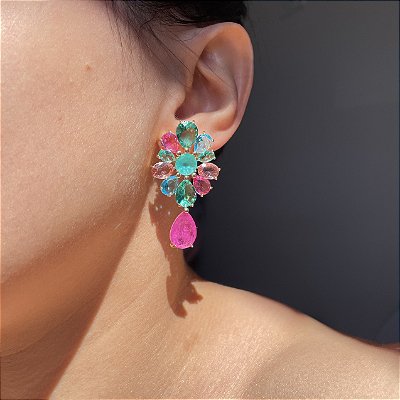 Brinco Flower Colors Gota Fúcsia/Pink Banhado a Ouro