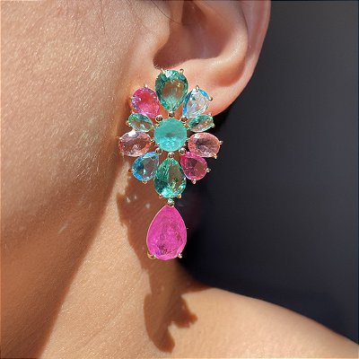 Brinco Flower Colors Gota Fúcsia/Pink Banhado a Ouro