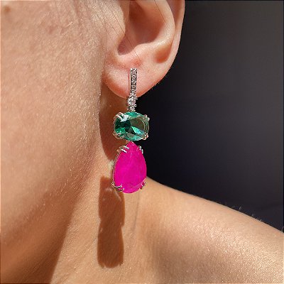 Brinco Oval Bicolor Turmalina Verde e Fúcsia/Pink Fusion Banhado a Ródio Branco