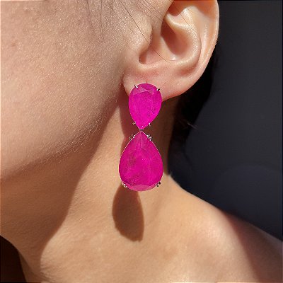 Brinco Duas Gotas Pink/Fúcsia Fusion Banhado a Ródio Branco