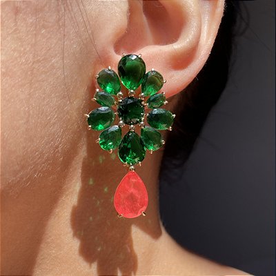 Brinco Flower Bicolor Verde Esmeralda e Tangerina/Laranja Fusion Banhado a Ouro