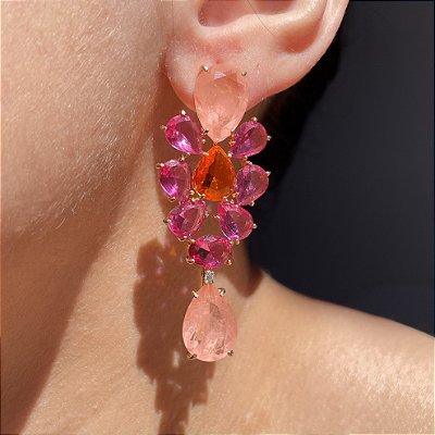 Brinco Folhagem Bicolor Safira Rosa, Laranja e Coral Fusion Banhado a Ouro