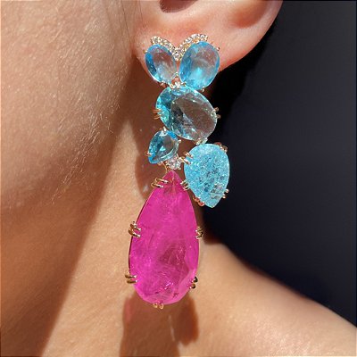 Brinco Luxo Bicolor Azul e Pink/Fúcsia Fusion Banhado a Ouro