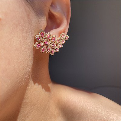 Brinco Ear Cuff Leaf Safira Rosa Banhado a Ouro