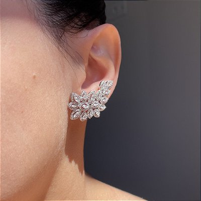 Brinco Ear Cuff Leaf Cristal Banhado a Ródio Branco