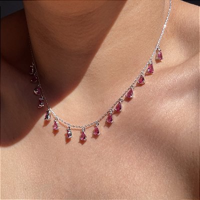 Colar Mini Gotas Safira Rosa Banhado a Ródio Branco