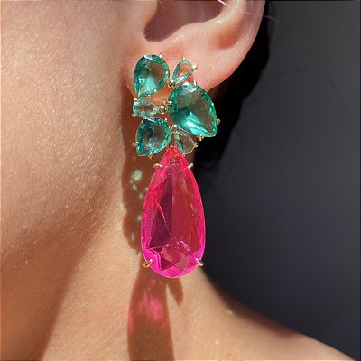 Brinco Luxo Gota Bicolor Turmalina e Pink Fusion Banhado a Ouro