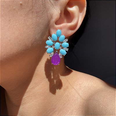 Brinco Arabesco Turquesa e Ultraviolet Fusion Banhado a Ródio Branco