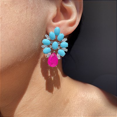 Brinco Arabesco Turquesa e Pink Fusion Banhado a Ródio Branco