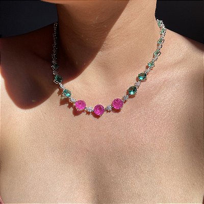 Colar Riviera Luxo Bicolor Turmalina e Pink/Fúcsia Banhado a Ródio Branco