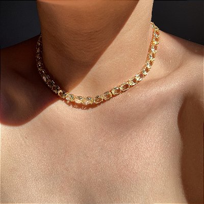 Colar Choker Riviera Maleável Oval Yellow Banhado a Ouro