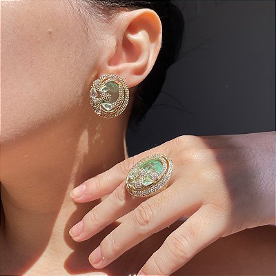 Conjunto Oval Greenery Banhado a Ouro - Aro 21/22