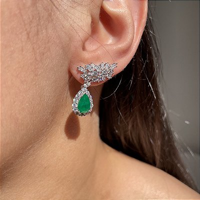 Brinco Ear Cuff Shine Gota Esmeralda Fusion Banhado a Ródio Branco