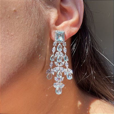 Brinco Luxo Maxi Lustre Acqua/Água Marinha Banhado a Ródio Branco