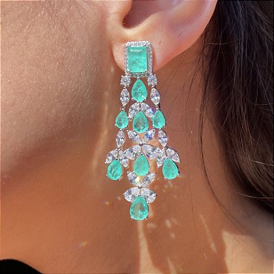 Brinco Luxo Maxi Lustre Turmalina Fusion Banhado a Ródio Branco