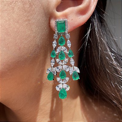 Brinco Luxo Maxi Lustre Esmeralda Fusion Banhado a Ródio Branco