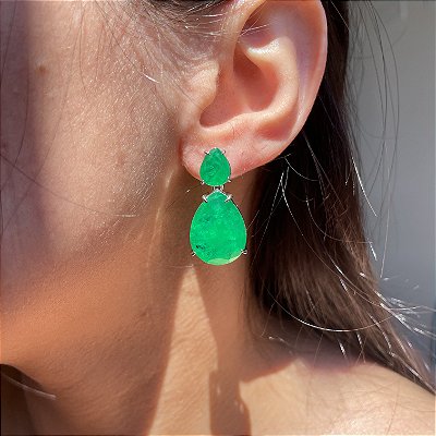 Brinco Gota Dupla Esmeralda Fusion Banhado a Ródio Branco