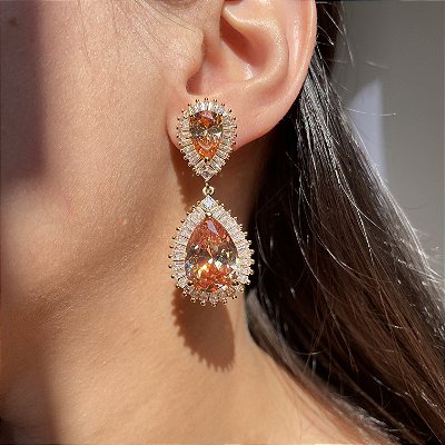 Brinco Gota Baguetes Morganita Ice Cutting Banhado a Ouro