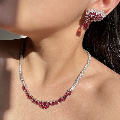 Conjunto Luxo Riviera e Ear Cuff Rubi Banhado a Ródio Branco
