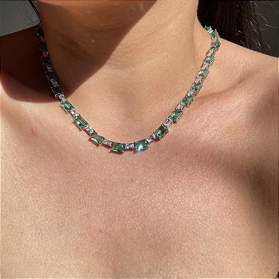 Colar Riviera Retangular Turmalina Banhado a Ródio Branco