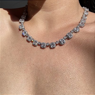 Colar Riviera Square Luxo Cristal Banhado a Ródio Branco