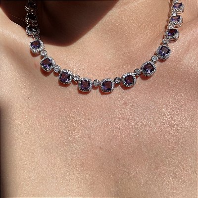 Colar Riviera Square Luxo Ametista Banhado a Ródio Branco