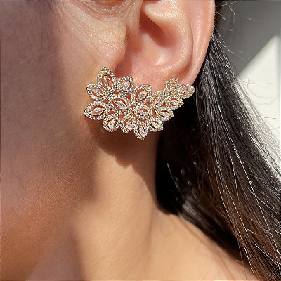 Brinco Ear Cuff Leaf Cristal Banhado a Ouro