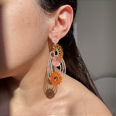 Brinco Luxo Bicolor Tangerina e Morganita Fusion Banhado a Ouro