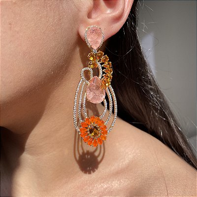 Brinco Luxo Bicolor Tangerina e Morganita Fusion Banhado a Ouro