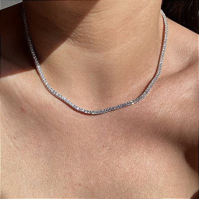 Colar Riviera 4 Garras Trama Rígida 2mm Cristal Banhado a Ródio Branco - 40cm