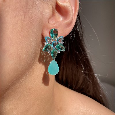 Brinco Bicolor Flor Acqua/Azul e Turmalina Banhado a Ródio Branco