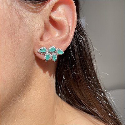 Brinco Ear Cuff Mini Leaf Navetes Turmalina Fusion Banhado a Ródio Branco