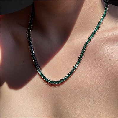 Colar Riviera Square Verde Esmeralda Banhado a Ródio Branco