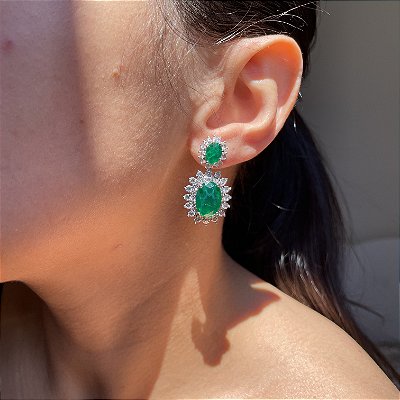 Brinco Oval Princess 2 em 1 Esmeralda Fusion Banhado a Ródio Branco