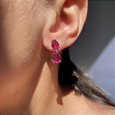 Brinco Gota Dupla Safira Rosa Banhado a Ródio Branco