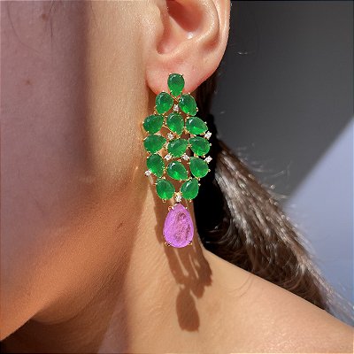 Brinco Folhagem Bicolor Esmeralda e Ultraviolet Fusion Banhado a Ouro