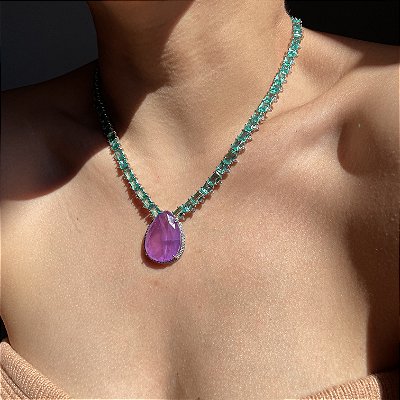 Colar Riviera Maleável Bicolor Turmalina e Gota Ultraviolet Fusion Banhado a Ródio Branco