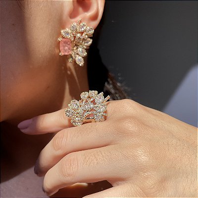 Conjunto Luxo Folhagem Coral Fusion Banhado a Ouro - Aro 17