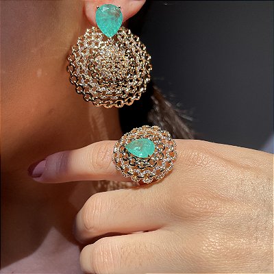 Conjunto Gotas Elos Luxo Turmalina Fusion Banhado a Ouro - Aro 18