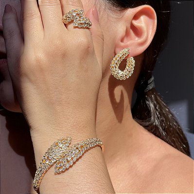 Conjunto Navetes Cravação Inglesa - Brinco, Bracelete e Anel Aro 20 - Banhado a Ouro