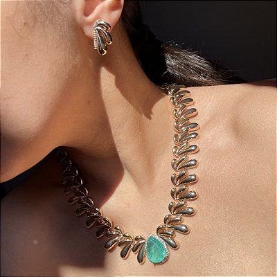 Conjunto Gota Turmalina Fusion Folhagem Banhado a Ouro