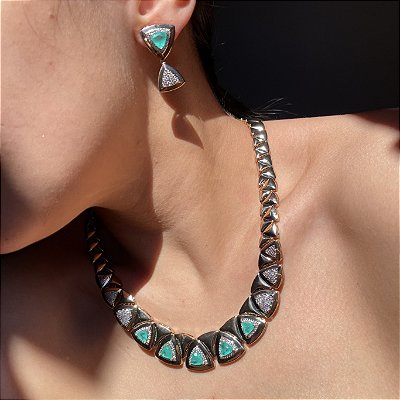 Conjunto Luxo Triângulo Turmalina Fusion Banhado a Ouro